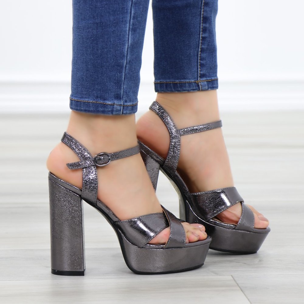 Metallic Pewter Platform Open Toe Heels - Picture 4 of 12